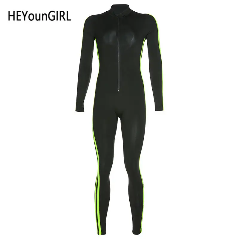 HEYounGIRL неоновые полосы Bodycon черный комбинезон длинный рукав комбинезон для женщин молния фитнес элегантный Плотный Комбинезон - Цвет: Черный