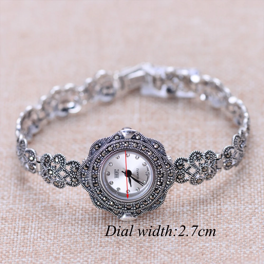 

MetJakt Vintage Quartz Bracelet Watch with Zircon Solid 925 Sterling Silver Bracelet for Women's Luxury Thai Silver Jewelry