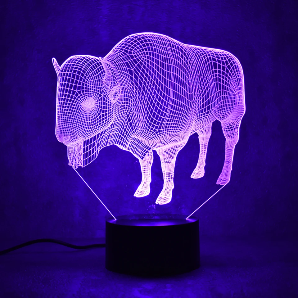 Новинка Настольная лампа 3D светодиодный визуальный 7 Красочные животных Buffalo