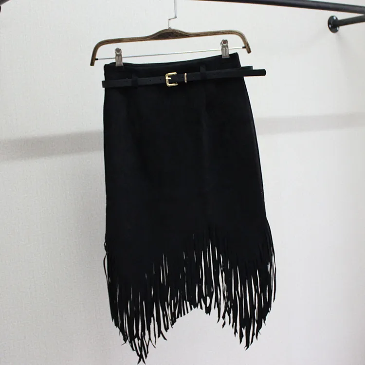 Зимняя женская юбка из искусственной кожи с бахромой сексуальная замшевая