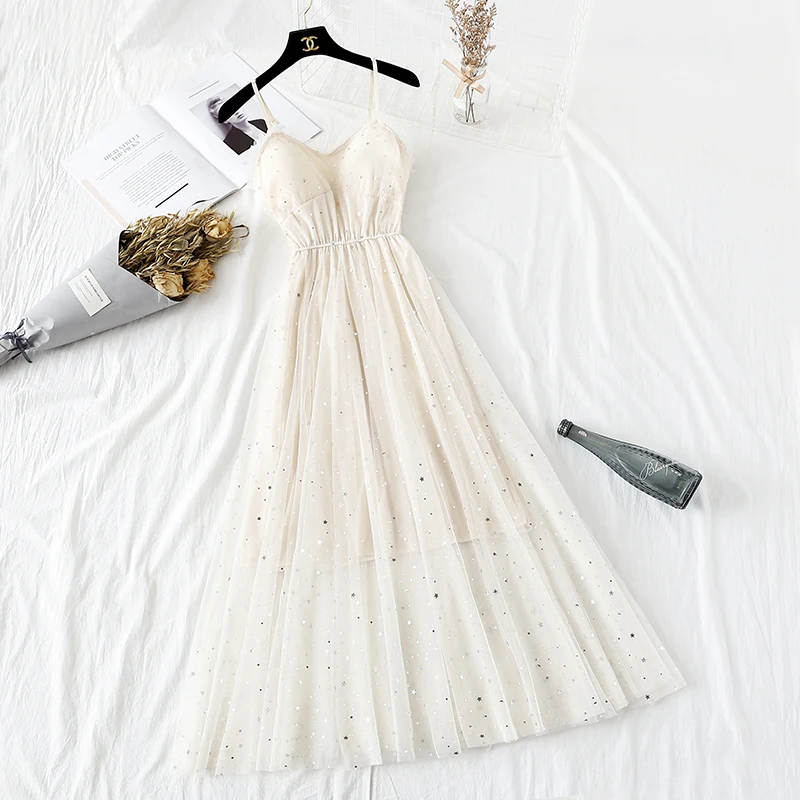 Женское платье на бретелях спагетти Элегантное повседневное с блестящими