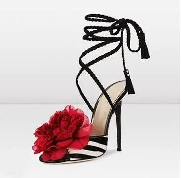 

Sexy Black White Strpied Flower Sandals Peep Toe High Heeled Ankle Strap Ladies Dress Shoes High Quality Ladies Summer Shoes