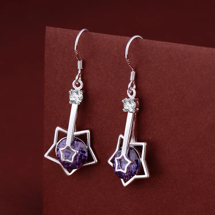 Темно-фиолетовый пентаграмма высокое качество серебряные серьги для женщин