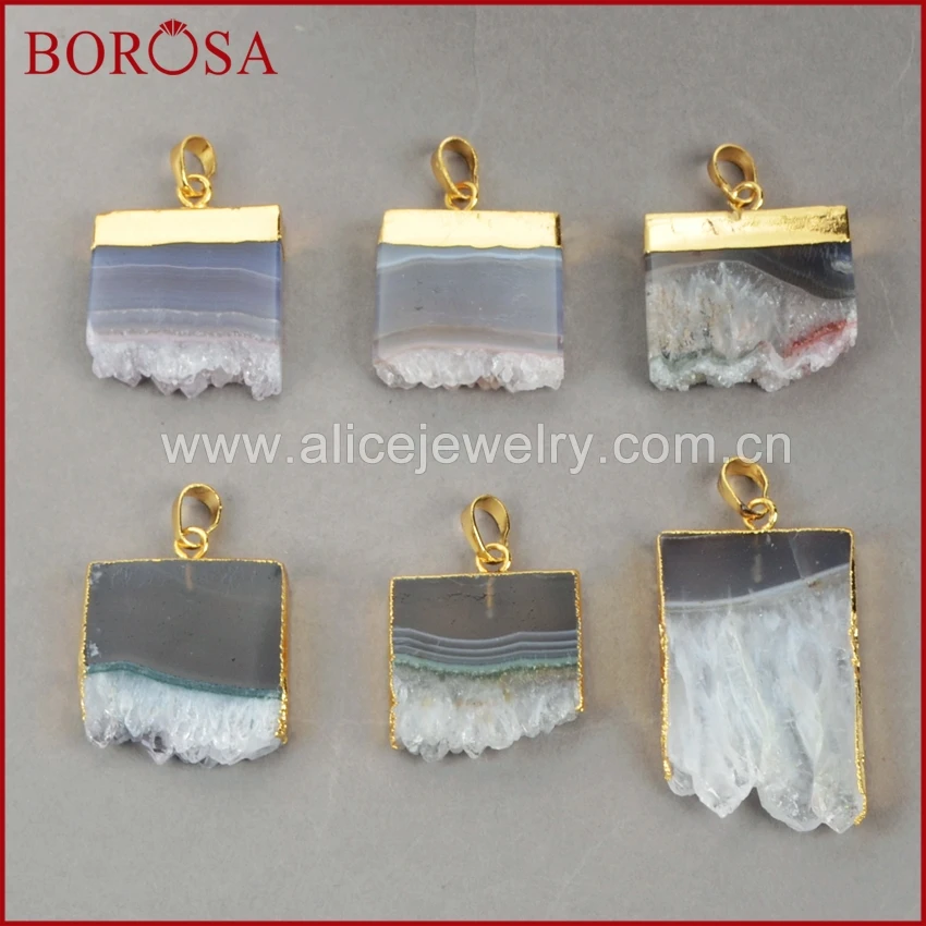 BOROSA необработанный Кристалл срез Друза Кулон Druzy ювелирное изделие золотой цвет