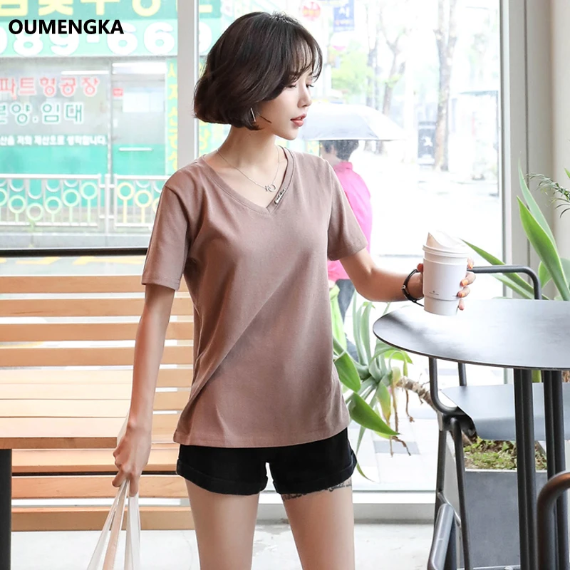 Женская хлопковая Футболка с V образным вырезом коротким рукавом|Футболки| |