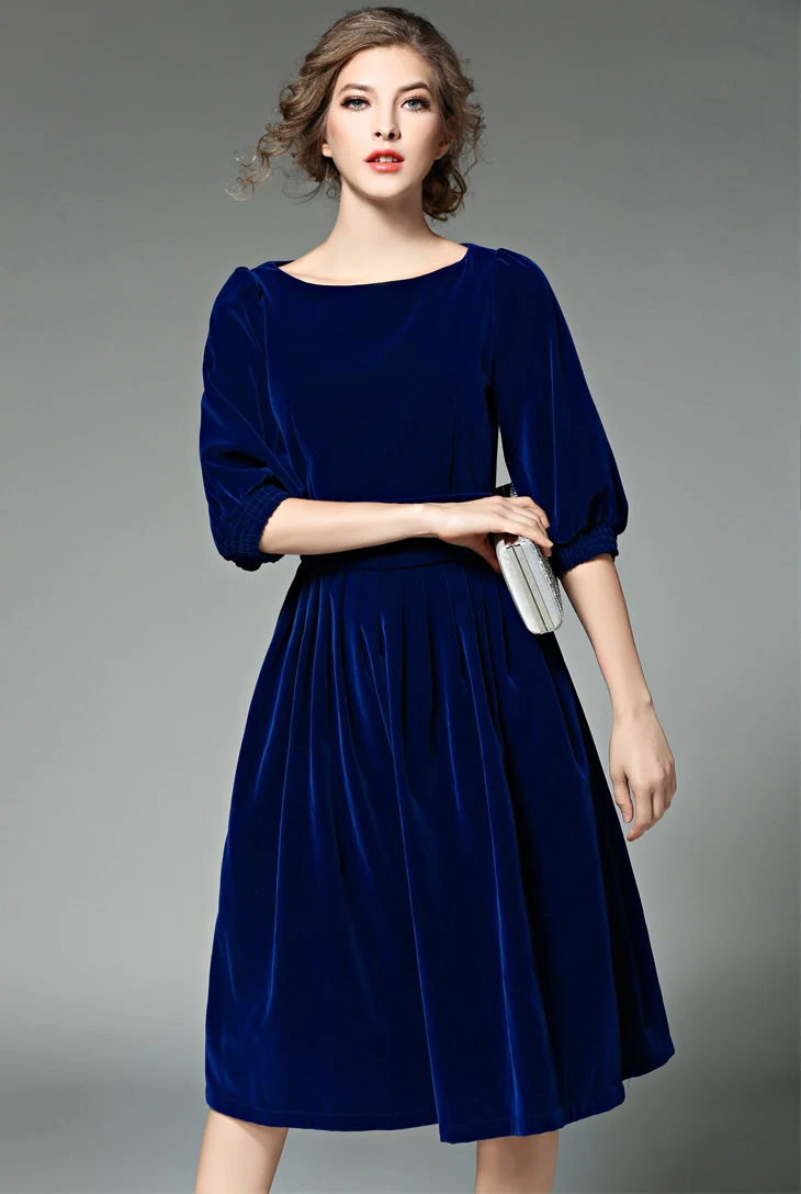 Женское вечернее бархатное платье SMTHMA, подиумное платье из синего бархата высокого качества с вырезом «лодочка», рукавами-фонариками и пышной юбкой длиной миди. Новое поступление, сезон весна