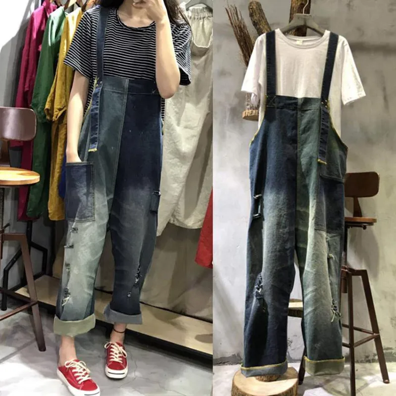 Free Shipping 2019 New Fashion Women Overalls Wide Leg Cotton Loose Jumpsuits And Rompers With Pockets Holes Plus Size Jumpsuits