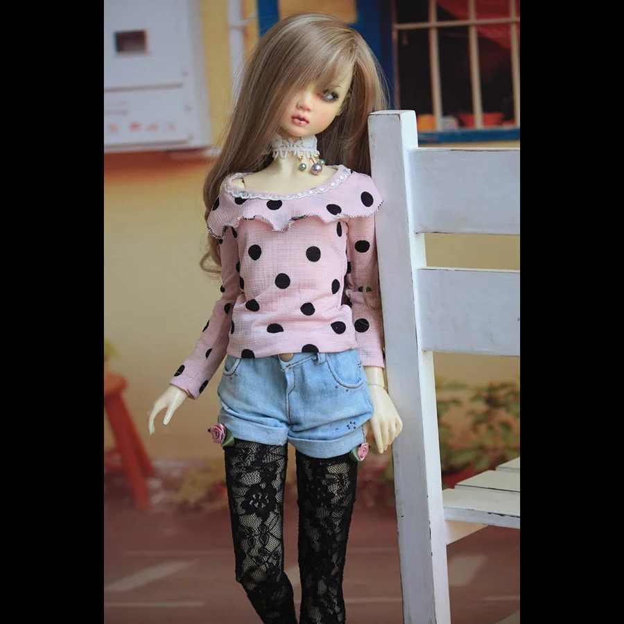 Одежда для куклы Cateleya Bjd розовый черный пятнистый кружевной топ+ джинсовые шорты+ черные кружевные носки или синие и белые полосатые носки