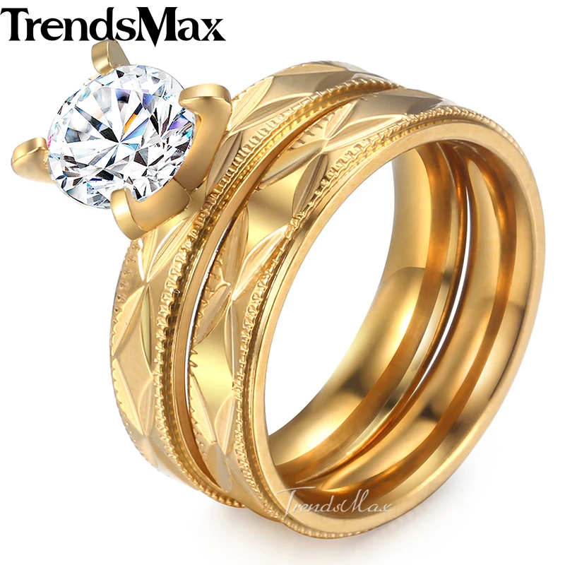 Trendsmax мужское Женское Обручальное кольцо набор пара обещаний граненая группа CZ камень золотой тон нержавеющая сталь обручальные кольца KKR139