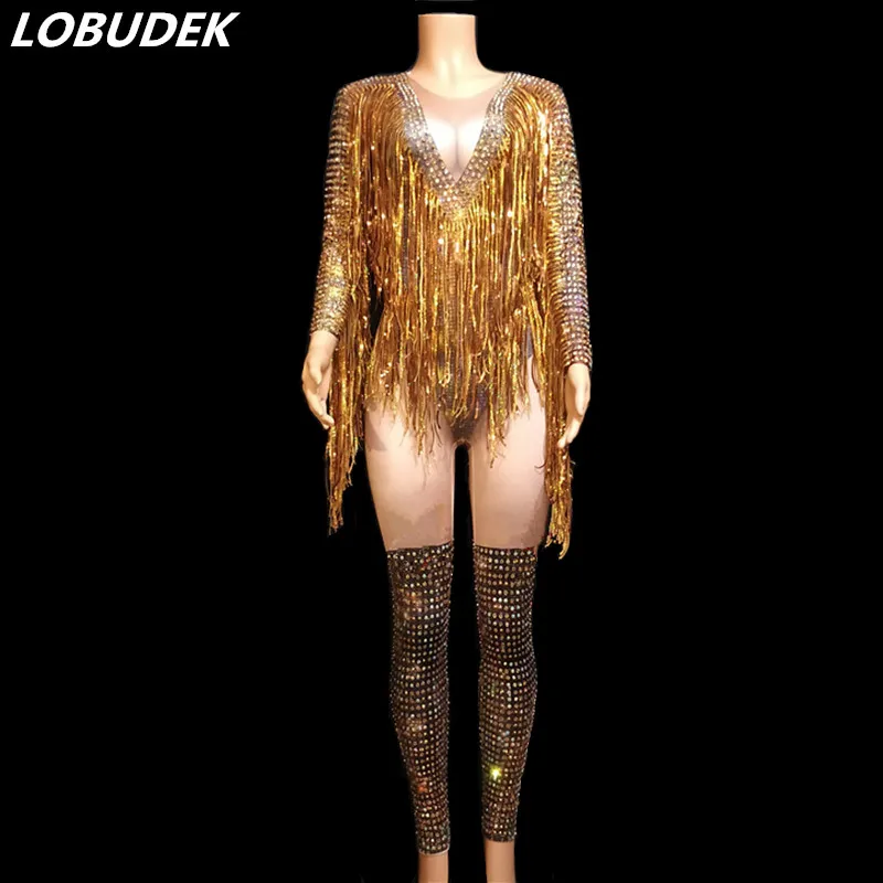 Nightclub Women Skinny Jumpsuit Gold Crystals Sequin Tassels Jumpsuits Stage Wear Bar Party Dancer Luxurious Performance Costume