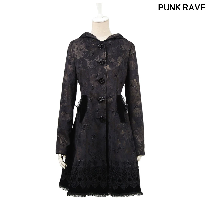Длинное женское пальто с бабочкой модное кружевное черное в стиле панк|Женские