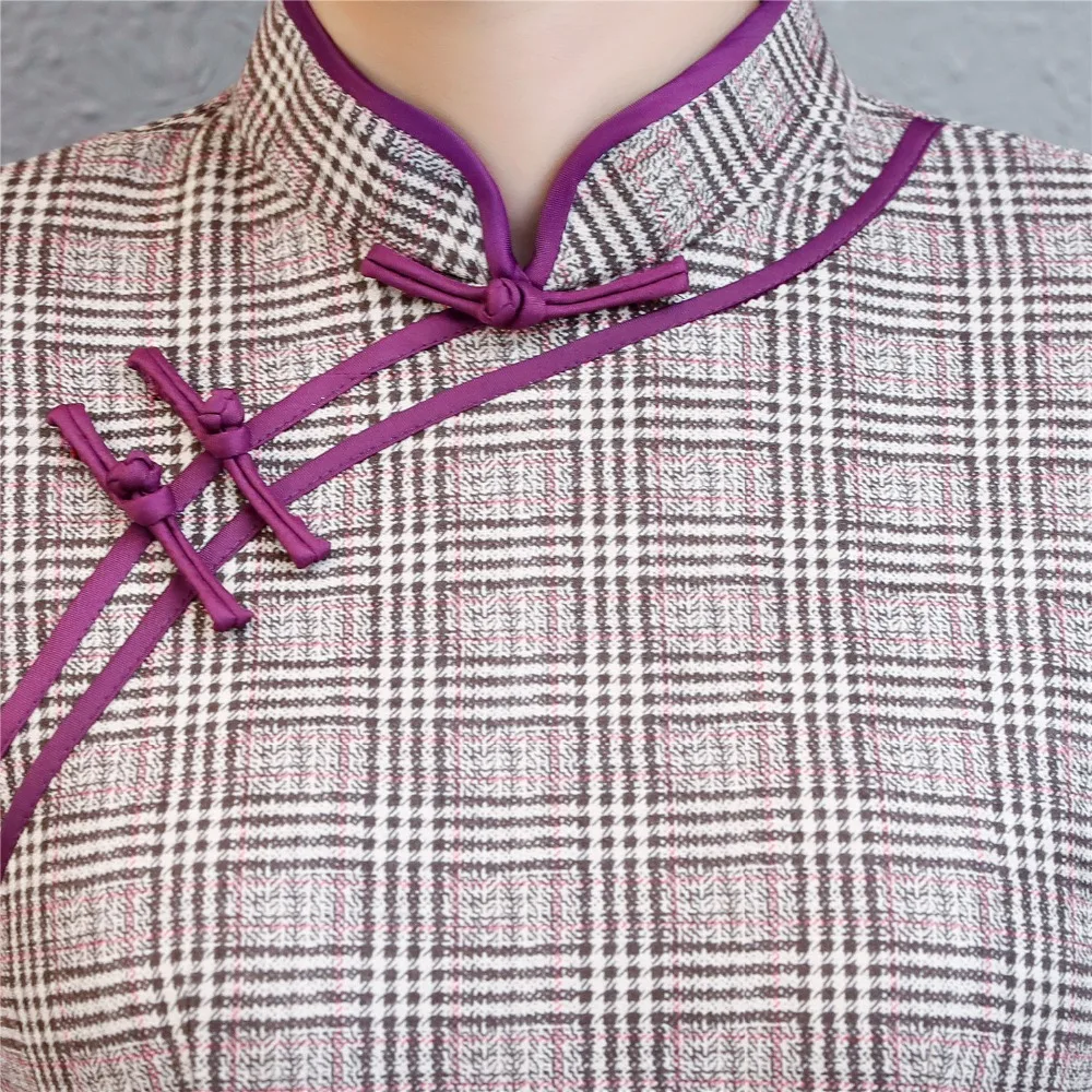 Женское Замшевое платье Qipao зимнее клетчатое до колена с рукавом 3/4|Чонсамы| |