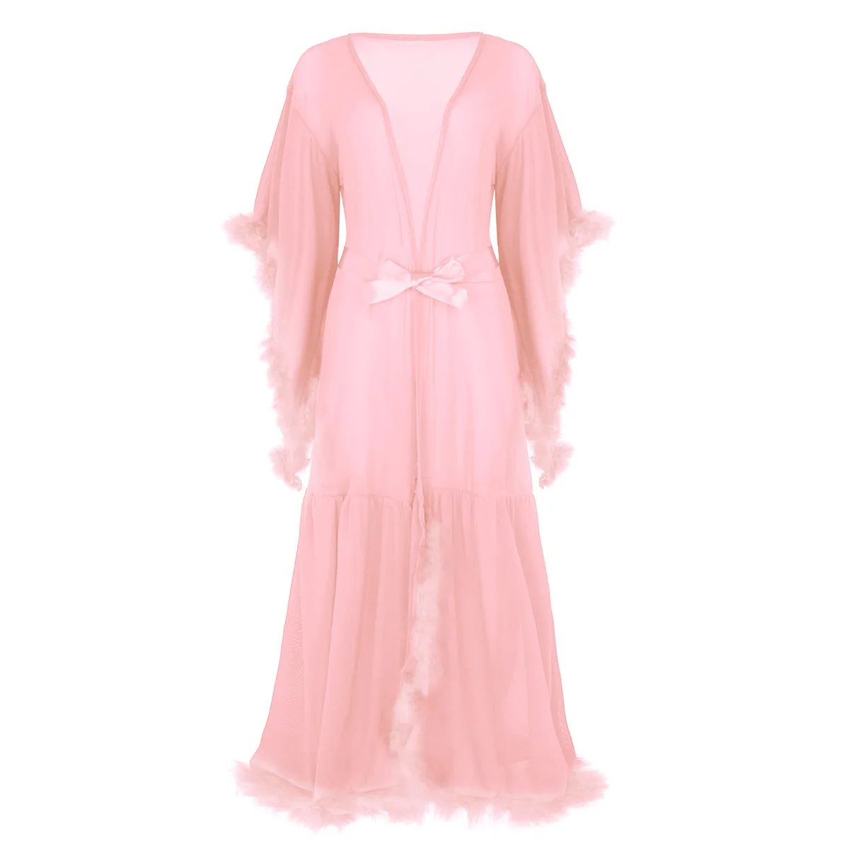 Coral Pink YiZYiF женский сексуальный халат, сетка, прозрачная, с расклешенными рукавами, перо, длинное белье, халат, Пижама, ночная рубашка, платье подружки невесты - Цвет: Coral Pink