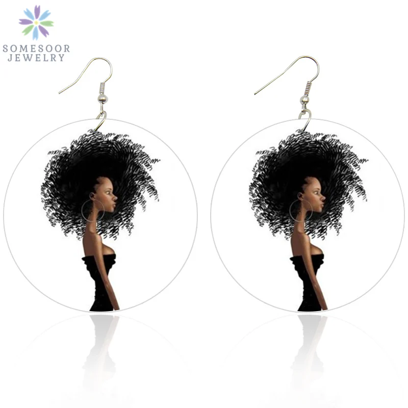 

SOMESOOR Printed Big Hoops Woman Afro Wooden Drop Earrings African Natural Hair Black Art Wood Pendant Dangle For Women Gifts