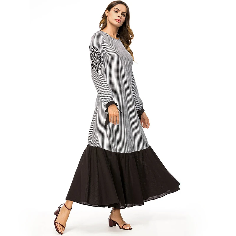 Women Vintage Lace Patchwork Party Dress Fashion O-Neck Plaid Embroidery Muslim A-Line Long Sleeve Maxi Plus Size | Женская одежда
