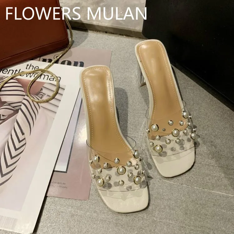 Модные прозрачные Тапочки ПВХ женские перламутровые украшения шлепанцы на