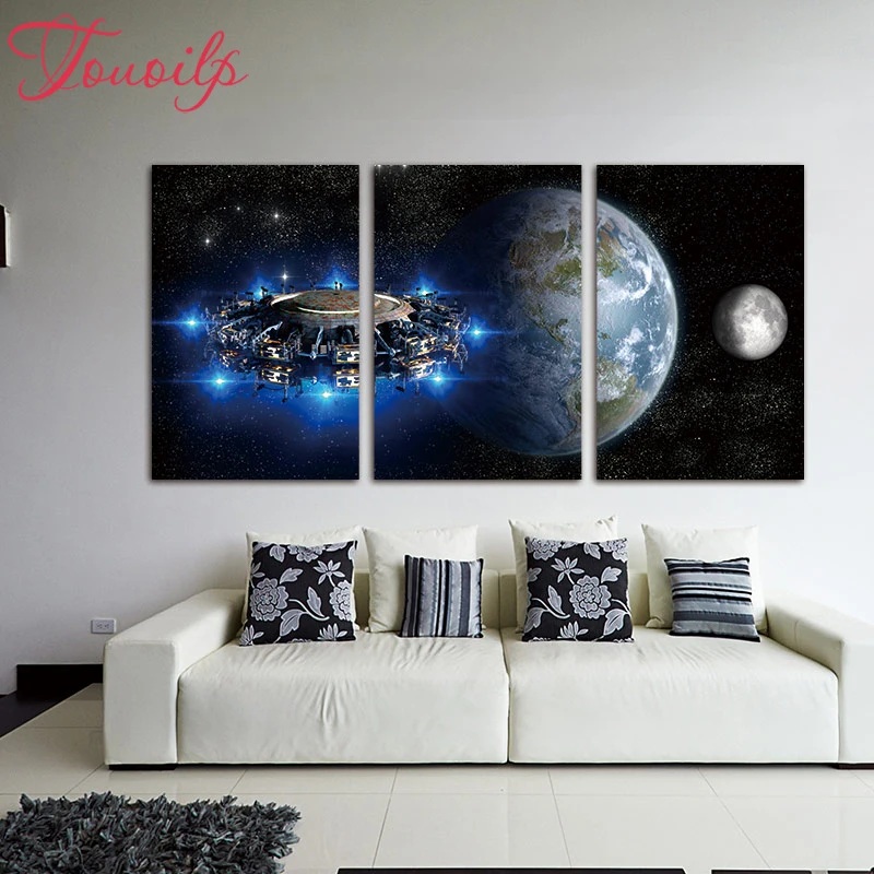 3 Панель космического корабля и планета пейзаж Винтаж искусство Алмаз живопись