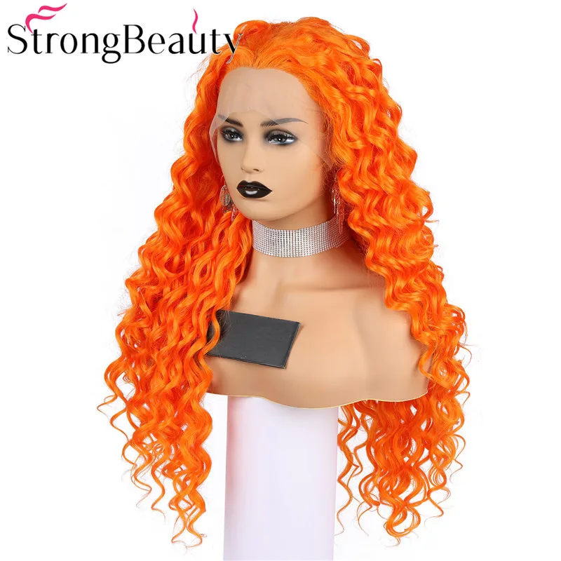 StrongBeauty длинные вьющиеся парики спереди Синий Зеленый Оранжевый синтетические