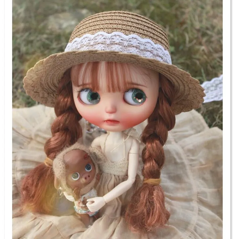 Винтажная круглая кукольная шляпа-котелок, шапки для куклы Blythe, модная кружевная соломенная шляпа ручной работы для Blyth Sharon 1/3, аксессуары для куклы BJD