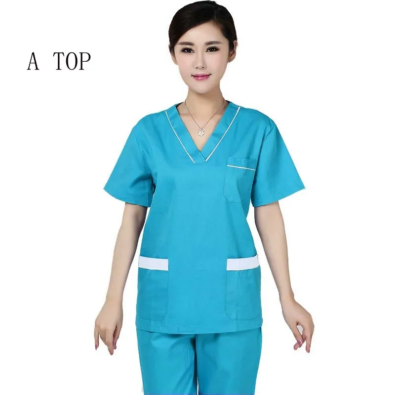lake blue top Женская мода на каждый день Топы Цвет блокировка дизайн форменной одежды для Топ с V-образным вырезом медицинская униформа для сотрудниц спа-салонов(только в верхней части - Цвет: lake blue top