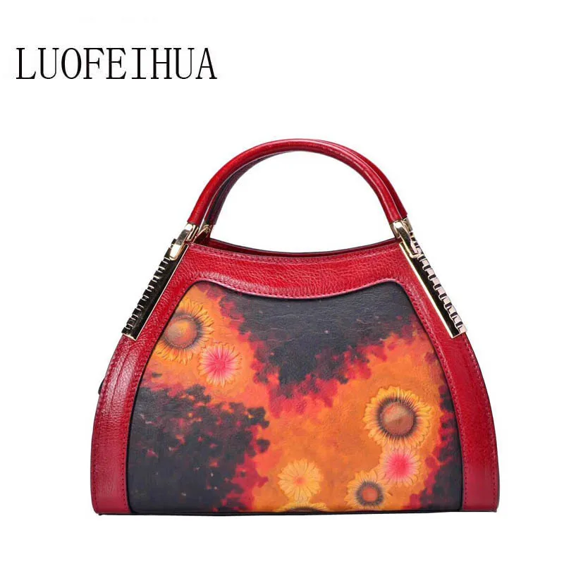 

LUOFEIHUA 2020 new high-end leather ethnic print handbag Leather handbag Designer bag