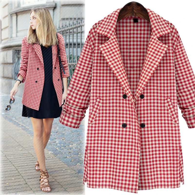 С длинным рукавом Женская пиджаки работа костюмы Белый Plaid Button Blazer офис форма