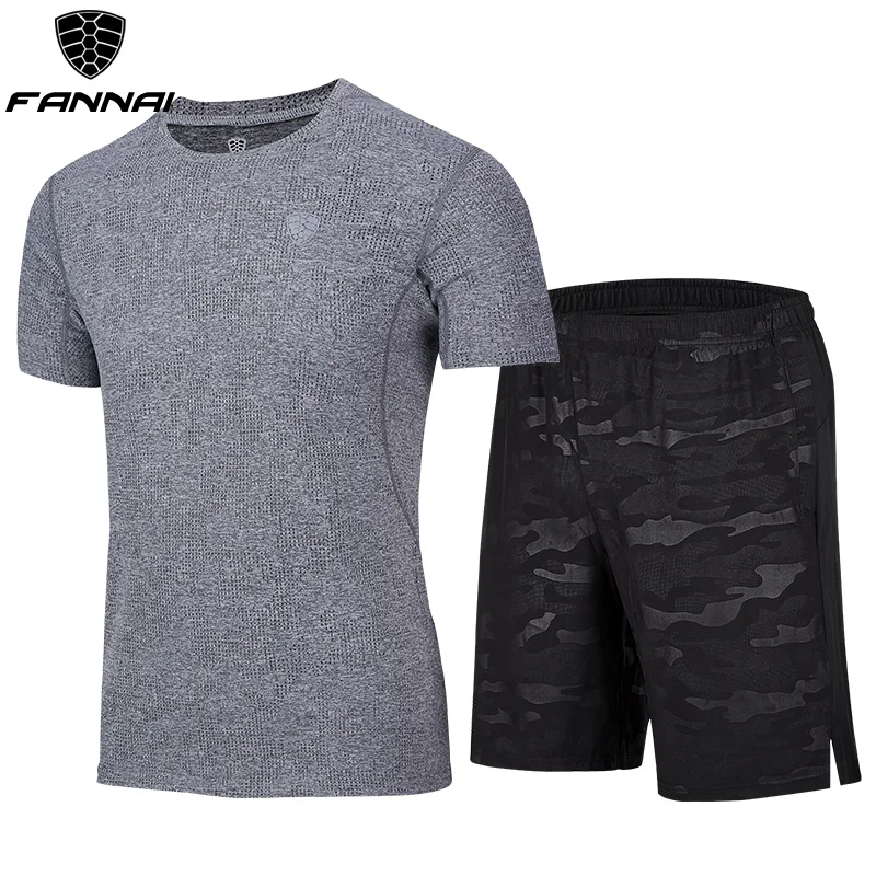 two-piece suit Grey FANNAI, Спортивная мужская рубашка для бега, Мужская сухая футболка для бега, мужской спортивный костюм, рубашки для спортзала, мужская рубашка для бега, для фитнеса, черная рубашка - Цвет: two-piece suit Grey
