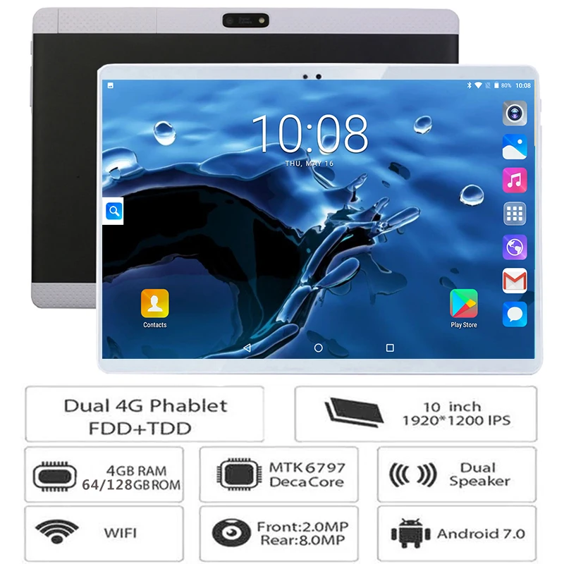 10 дюймов 3g 4G LTE планшетный ПК Deca Core 4 Гб ОЗУ 128 Гб ПЗУ 1920x1200 ips 8.0MP gps Bluetooth 10 10,1 планшеты 10 ядер+ подарки