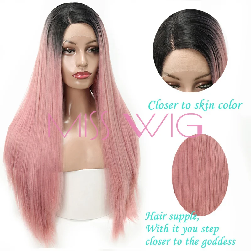 Miss wig длинные прямые синтетические волосы на фронтальной основе парик розовый цвет парики для женщин высокая температура Волокно Термостойкие