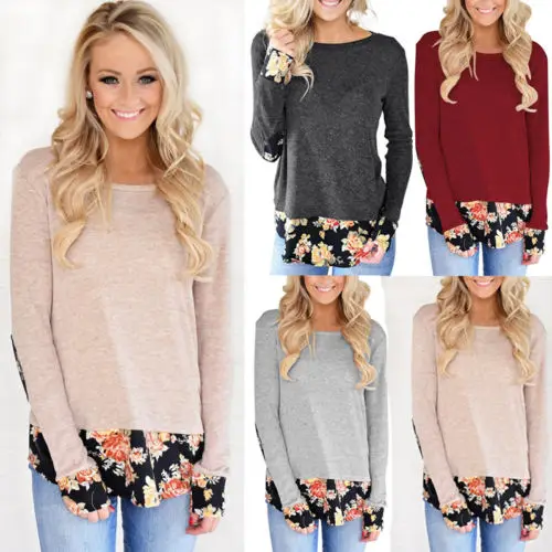 Женские летние свободные Простые Топы с длинным рукавом цветочным принтом