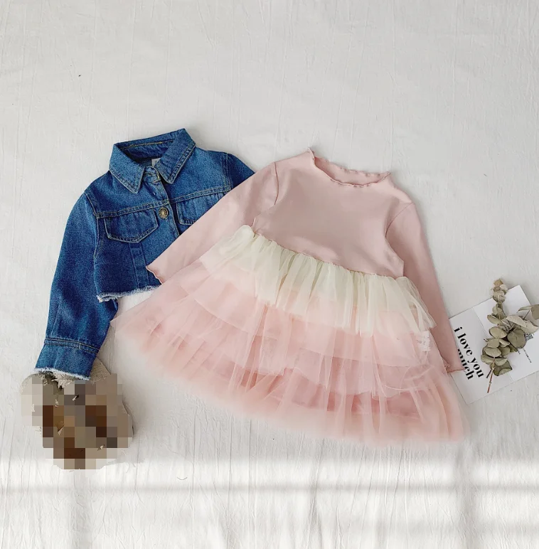 clothes set B Осеннее милое модное многослойное Сетчатое платье для девочек короткие джинсовые пальто с длинными рукавами детские повседневные комплекты одежды - Цвет: clothes set B