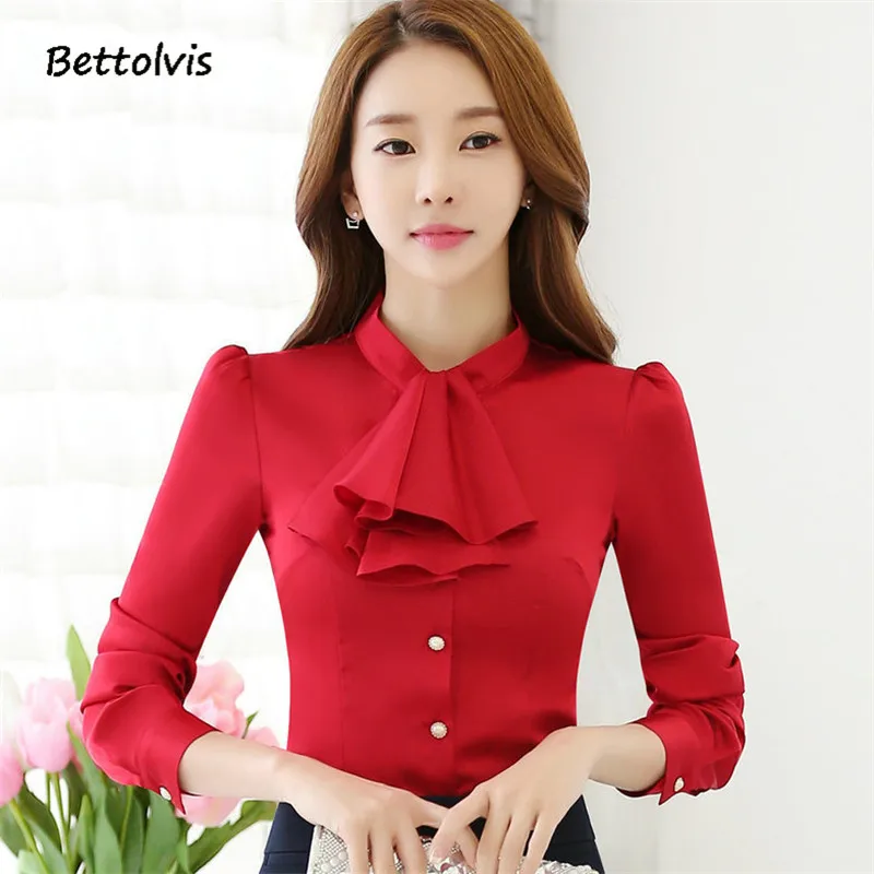 Осень Новый элегантный красный белая рубашка женская v образным вырезом