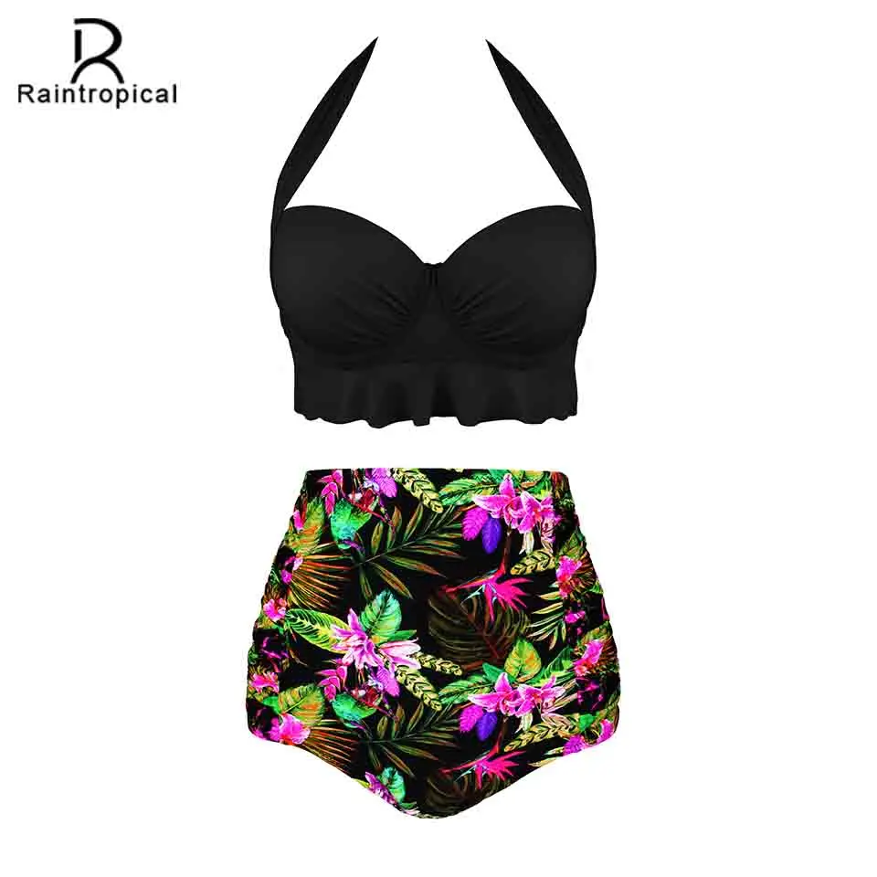 Женский купальник бикини с пуш ап Raintropical красный принтом в стиле ретро
