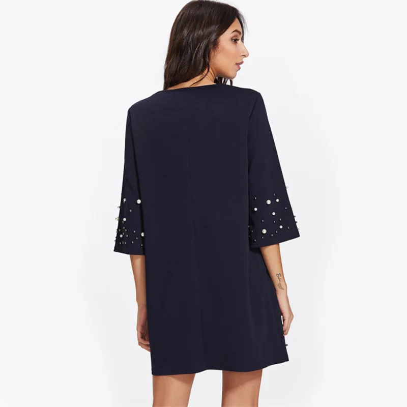 Женские 3/4 рукав украшенные жемчугом Цельнокройное платье на лямках модные