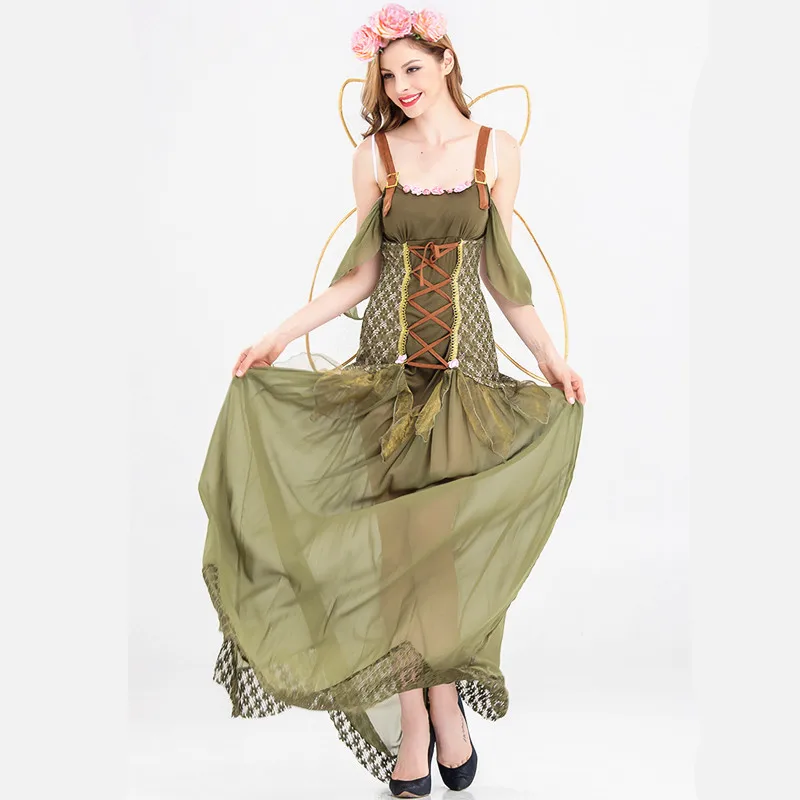 Женский костюм феи для косплея на Хэллоуин карнавальный зеленого цвета с лесными