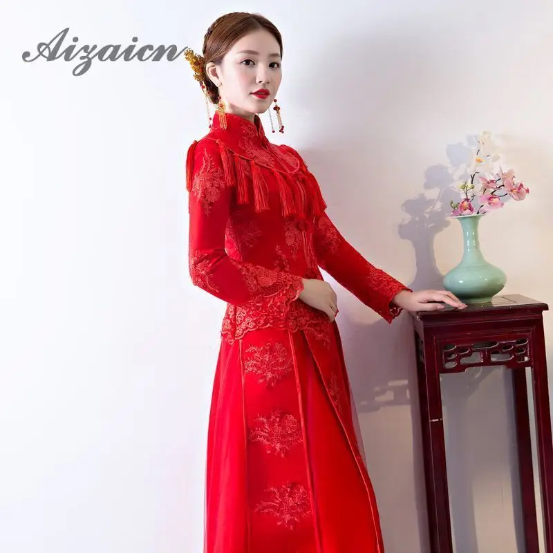 Красный невесты с кисточками Cheongsam Современные длинные платья Qi Pao женское свадебное платье традиционное китайское свадебное платье Qipao Femme