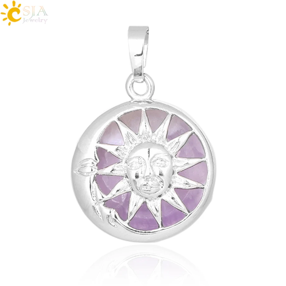 Подвеска на ожерелье CSJA Moon Sun God Серебряная коробка с натуральным камнем круглые