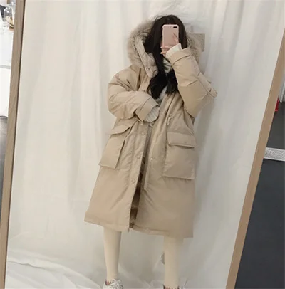 apricot w58 Зимнее женское Новое хлопковое пальто с большим меховым воротником и капюшоном, женское плотное хлопковое пальто, длинное тонкое хлопковое пальто, женская одежда - Цвет: apricot w58