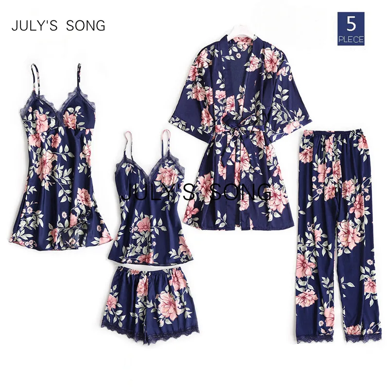 

Пижама JULY'S SONG Женская атласная, пижамный комплект из 5 предметов, пикантная модная одежда для сна с цветочным принтом, халат, на лето и зиму