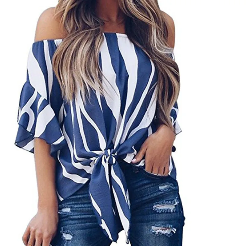 Женские шифоновые блузки с открытыми плечами в полоску розовые и синие топы лето
