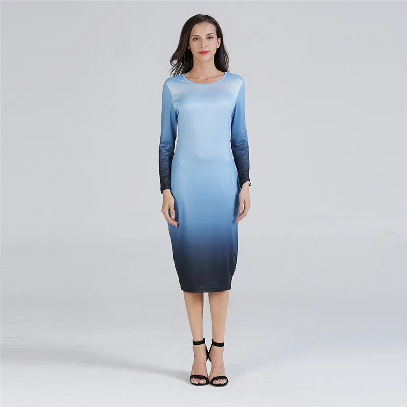 Женское базовое платье 2018 градиентное с О образным вырезом и длинным рукавом