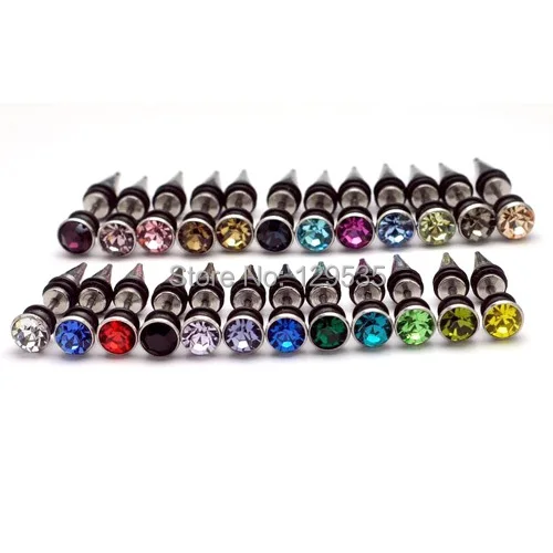 

24 pairs/lot 7MM width Cone drill titanium steel punk Men Pierced Earrings 24 colors for choose