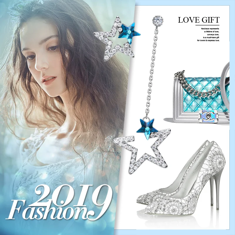 Cdyle Rhinestone Star Drop Dangle Earrings with Crystal Fashion 925 Sterling Silver Irregular for Women Birthday Gift|Серьги-подвески|