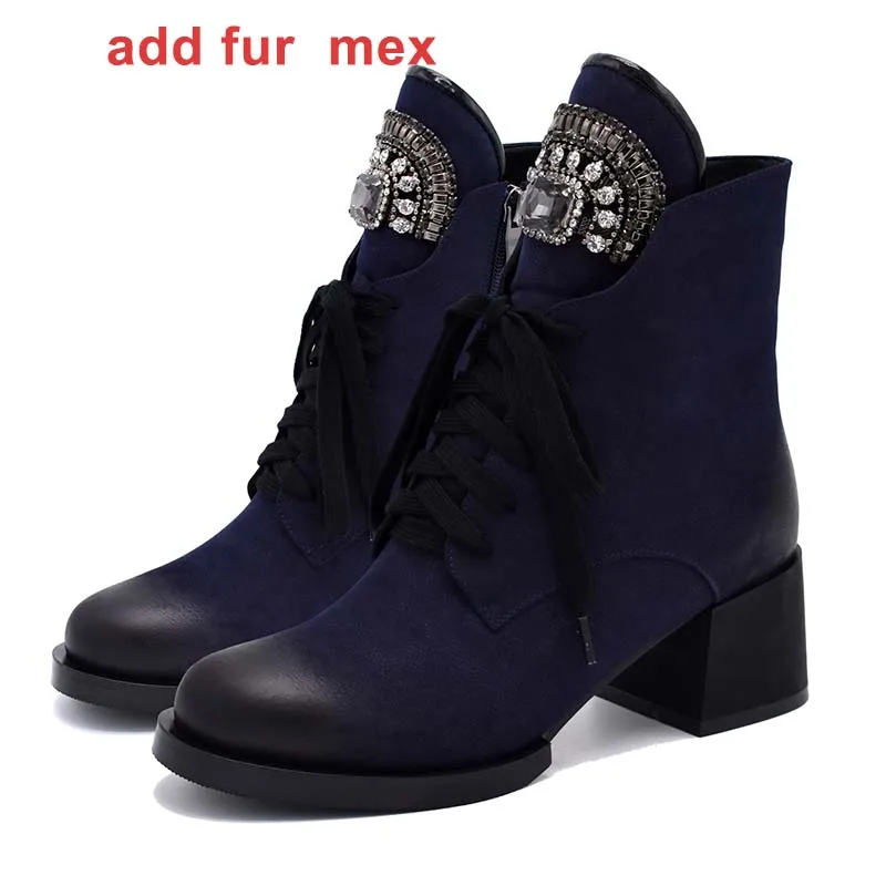 blue fur liner WETKISS/теплые зимние ботинки ботильоны с украшениями в виде кристаллов, на шнуровке, женские ботинки на платформе; не сужающийся к низу каблук плюшевая обувь для женщин сапоги - Цвет: blue fur liner
