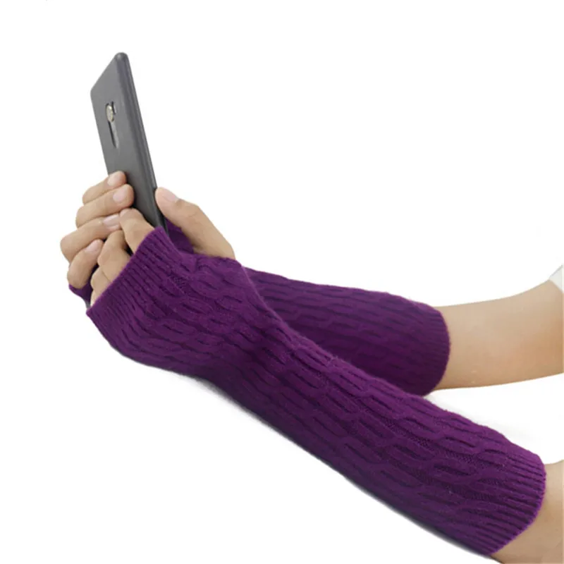 Purple Митенки женские зимние длинные вязаные женские перчатки кашемировые шерстяные эластичные толстые теплые перчатки без пальцев - Цвет: Purple