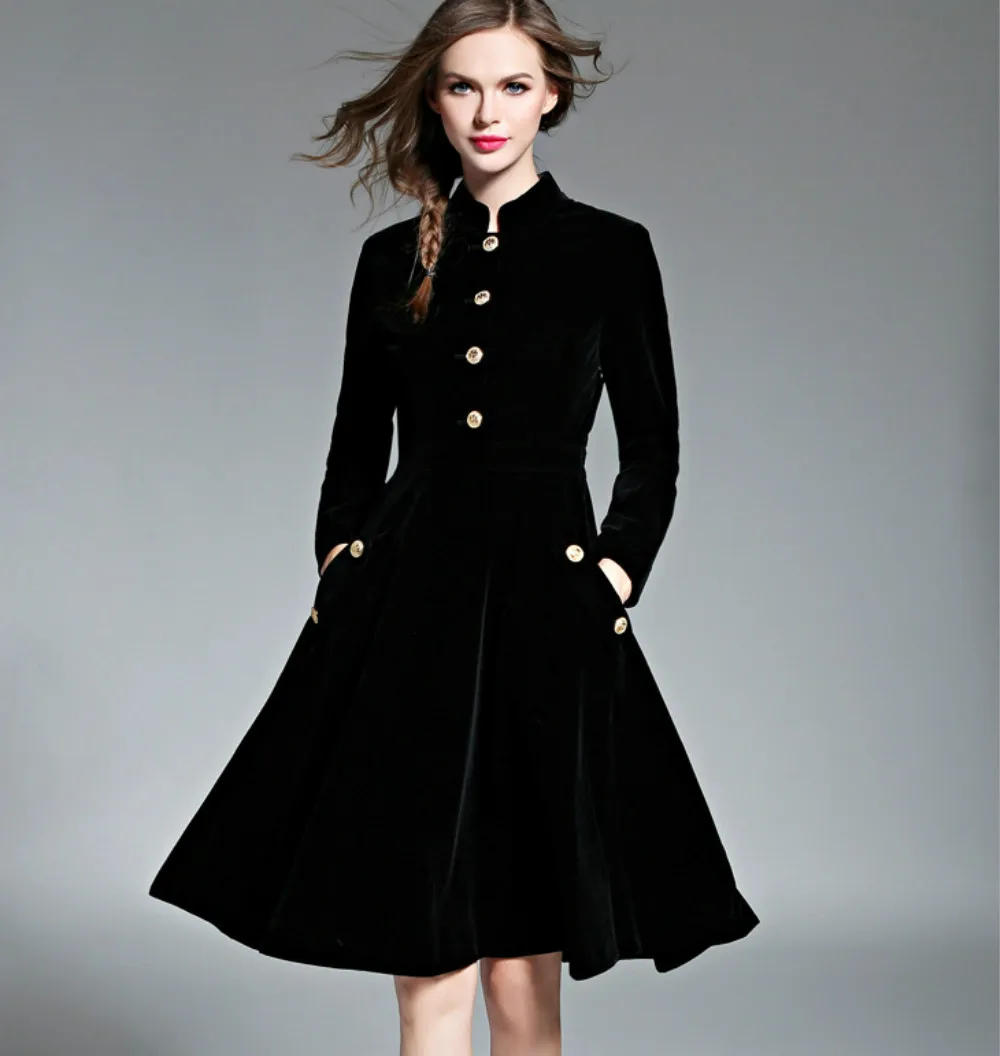 Женское бархатное платье-трапеция винтажное черное платье средней длины на