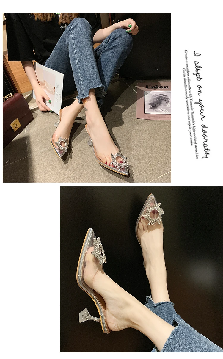 Transparent Sandals Platform Pointed Toe Crystal High Heels Clear Sandalias Women Summer Shoes Heels/6.5cm
