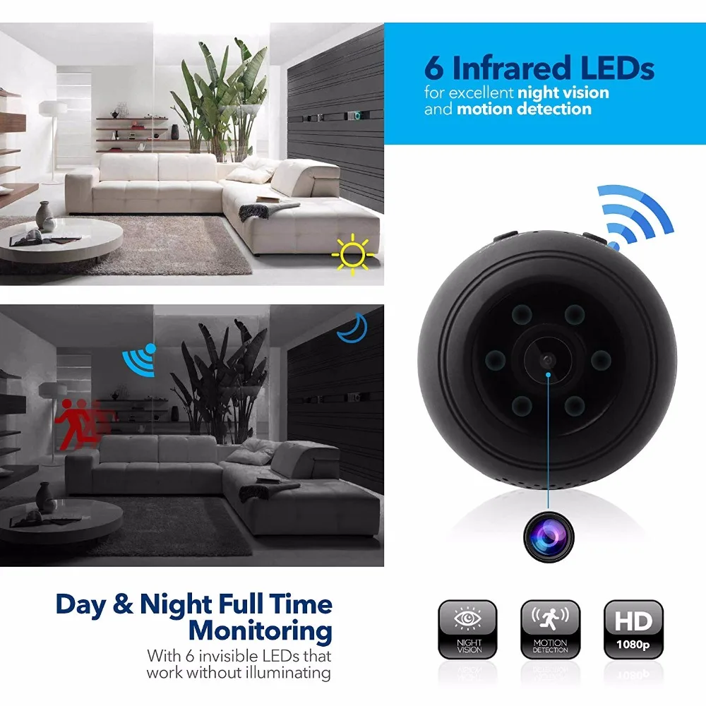 Wifi IP мини камера беспроводная 1080P HD инфракрасная микро ИК ночного видения