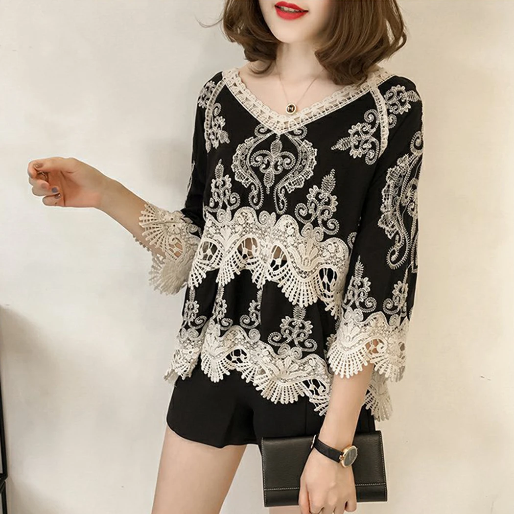 Модные летние топы кружевная Лоскутная Блузка женская рубашка плюс размер