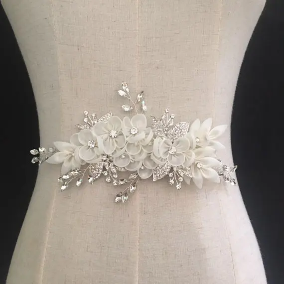 

Deluxe crystal bead applique with 3D artificial flower, handmade rhinestone applique for bridal sash, bridal headpiece